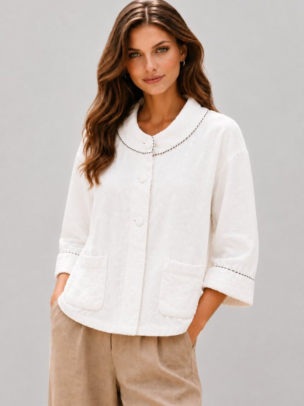 Pure cotton jacket w. allover floral embroidery, Peter Pan collar